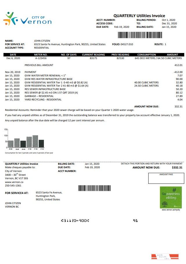 USA Canada City of Vernon water utility bill template in Word and PDF format